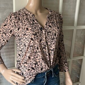 H&M pink/navy butterflies and owls print lightweight three-quarter sleeve top S